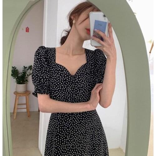Summer Korean Fairycore Women Dress Fashion Clothes Vintage Square Collar Lace Up Vestidos Slim Fit Print Lantern Sleeve Dresses
