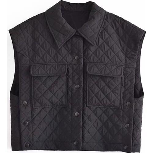 ZXQJ Women 2021 Fashion Thin Padded Cropped Vest Coat Vintage Sleeveless Pockets Female Waistcoat Chic Tops