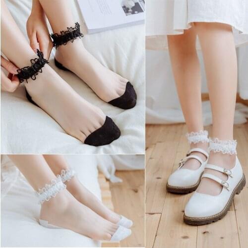 2021 New Summer Elegant Women Ankle Socks Transparent Daisy Embroidery Lace Silk Short Socks Cute Girls Elastic Socks 5 Pairs