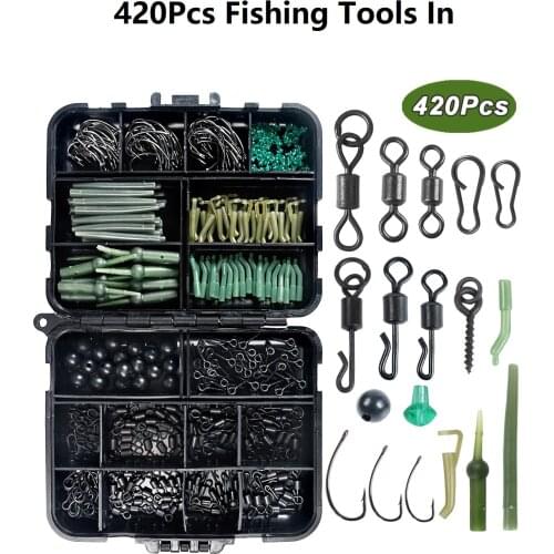 420Pcs/Box Carp Fishing Tackle Kit Including Swivels Hooks Anti Tangle Sleeves Hook Stop Beads Boilie Bait Screw Accessories