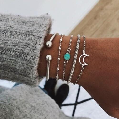 5pcs of pack personality bangle bracelet for women with hollow crecsent and metal beads inlaid stone design in mixed link chains