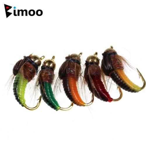 Bimoo 8PCS #12 Brass Bead Head Fast Siking Nymph Scud Fly Bug Worm for Trout Fishing Nymphing Artificial Insect Bait Lure Green