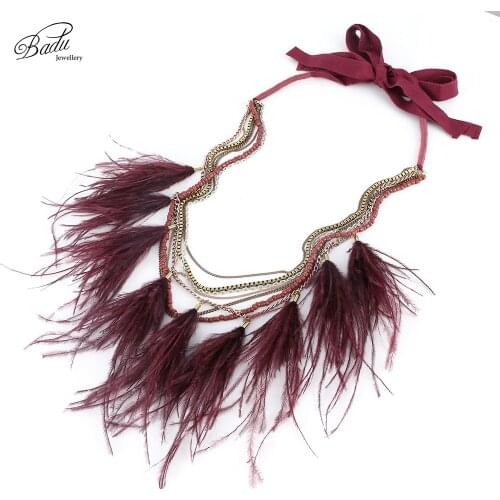 Badu Ribbon Long Necklace Lace Up Vintage Ostrich Feather Layered Chain Necklaces Party Jewelry Christmas Collation