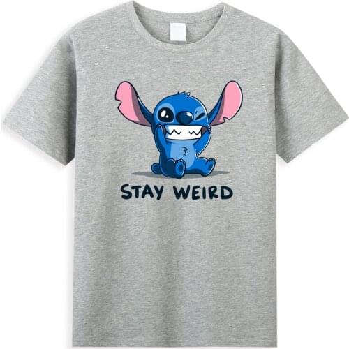 Stay Weird Letter Printed T Shirts Disney Lilo & Stitch Graphic T-shirt Men 2021 Summer Cartoon T-shirt Fashion Male Streetwear