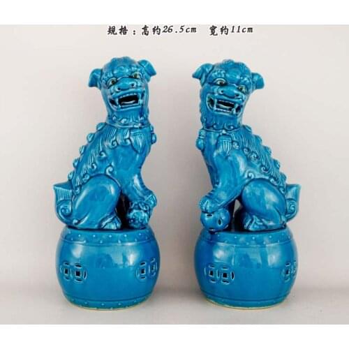 Chinese Old Pair Marked Blue Glaze Porcelain Fengshui Lion Foo Fu Dogs Statues