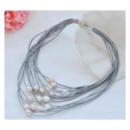 Leather Pearl Jewellery,15 Strands 10-13mm Multicolor Rice Freshwater Pearl Leather Necklace,17-20inches Magnet Clasp