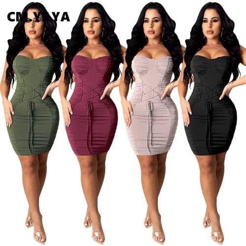 CM.YAYA Summer Solid Sleeveless Spaghetti Strap Mini Dress for Women Sexy Sheath Criss-cross Drawstring Design Party Dresses