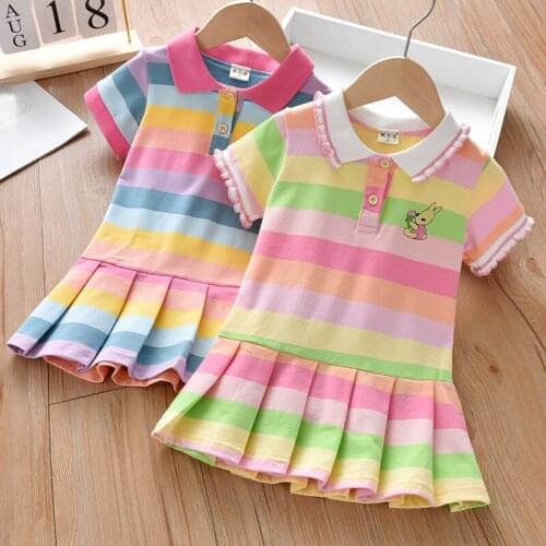 Baby girl preppy style summer striped pleated dress kids laple cotton cute princess dress