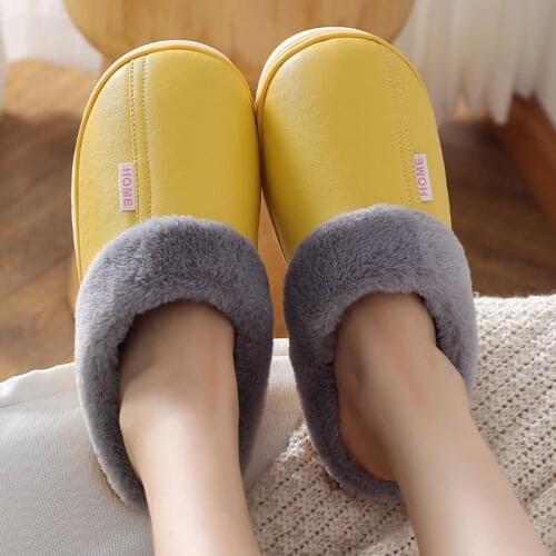 Fashion Winter Cotton Slippers Women Breathable Anti-slip Plush Lined Warm Slippers Indoor Home Shoes Men Solid Leather Vamp