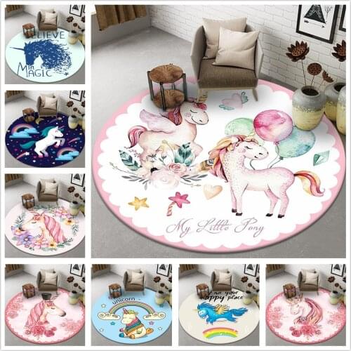 Cartoon Pink Unicorn Children Bedroom Bedside Rug Play Game Area Rug Doormat Anti-slip Chair Mat Round Kids Living Room Carpets