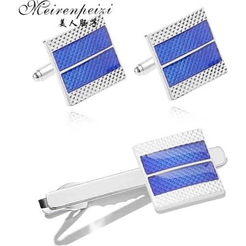 Meirenpeizi High Quality Cufflinks necktie clip for tie pin for mens gift Blue tie bars cufflinks tie clip Free Shipping