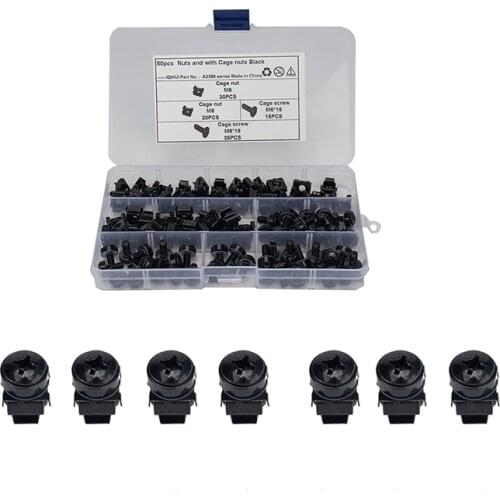 50pcs Black Cage Nuts Kit Carbon steel M6 Square Hole Hardware Cage Nuts & Mounting Screws with Box For Server Rack and Cabinet
