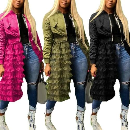 Wholesales Fashion Women Autumn Long Sleeve Zipper Jacket Lacework Mesh Midi Dress Coat