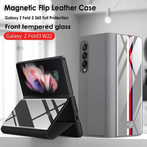 Front Glass With Magnetic Flip Leather Case For Samsung Galaxy Z Fold 3 Drop-Resistant Bracket Kickstand Cover For Z Fold3/W22