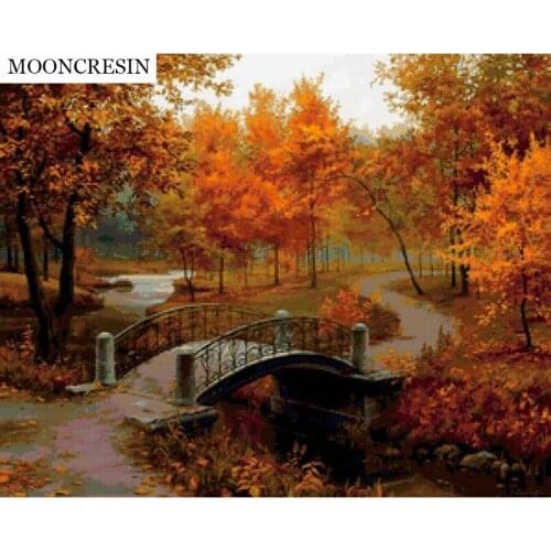 Scenery Needlework DIY Diamond Painting Rhinestone Pasted Painting Full Embroidery Autumn Forest & Bridge Living Room Decoration