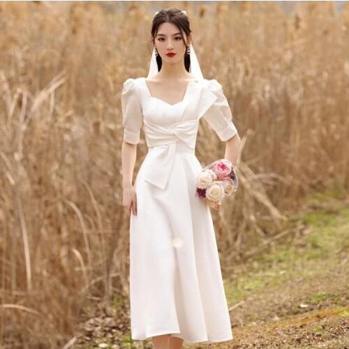 Simple wedding dress Photo Shooting new French retro simple daily Graduation Gown short Sleeves White Dress vestidos de fiesta