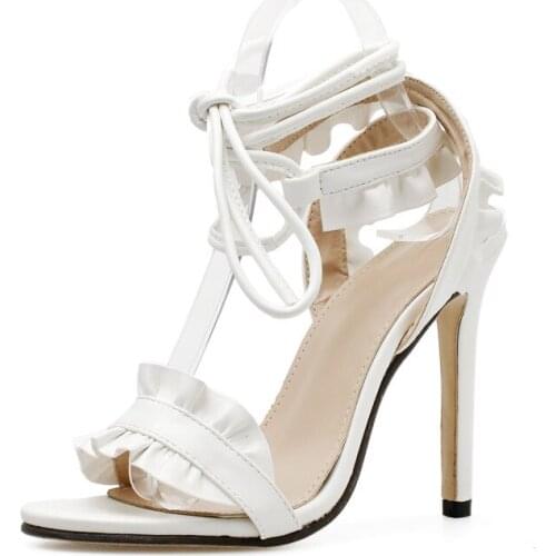 Ruffle High Heels Sandals Women Pumps Thin Heel Lace-Up Summer Shoes Woman White Bandage sandalias de verano para mujer XKD4130