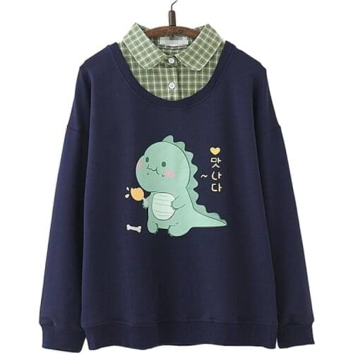 Japanese Mori girl cute little dinosaur print stretch fake two-piece lapel long-sleeved Sweatshirts Women