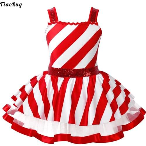 TiaoBug Kids Girls Christmas Dance Costume Sleeveless Sequins Striped Figure Ice Skating Roller Skating Baton Twirling Dress