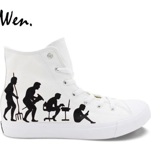 Wen Design Hand Painted White Shoes Human Evolution High Top Man Canvas Athletic Shoes Woman Flats Sneakers Custom Footwear