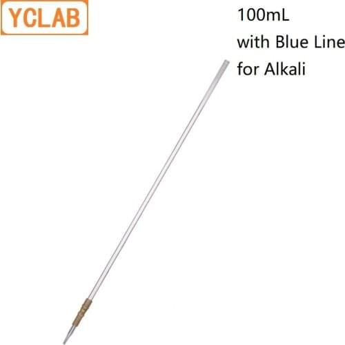 YCLAB 100mL Burette with Blue Line on Milk White Back Rubber Tubing Connection Clear Glass Head Tip for Alkali Class A Labware