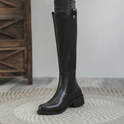 Leather Knee High Boots Women Autumn Winter High Square Heel Lady Platform Shoes Elegant Woman Zipper Black Round Toe Boots