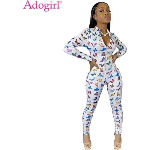 Adogirl Colorful Butterfly Print Women Jumpsuit Front Zipper V Neck Long Sleeve Skinny Romper Plus Size S-XXL Tracksuit Overalls