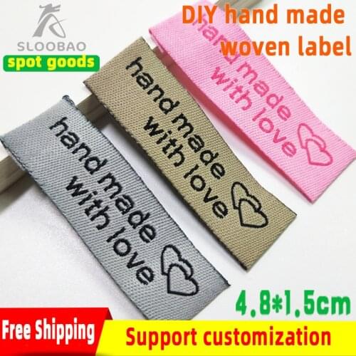 Free shipping Hand Made With Love Sew On Garment Labels fabric woven labels clothing tags for DIY shoes bags