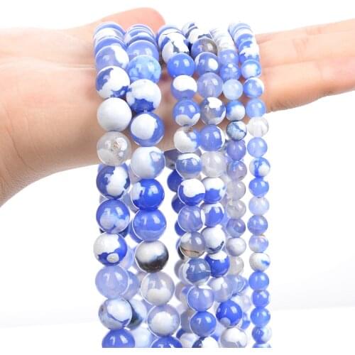 Smooth Natural Stone Beads Blue White Fire Agate Round Loose Spacer Beads for Jewelry Making Needlework Bracelet Strand 6/8/10MM