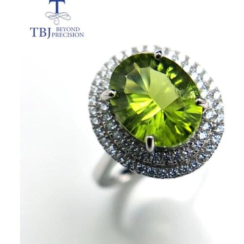 Tbj,100% Natural Peridot ov8*10 concave cut ,3ct peridot gemstone ring in 925 sterling silver colorstone jewelry with gift box