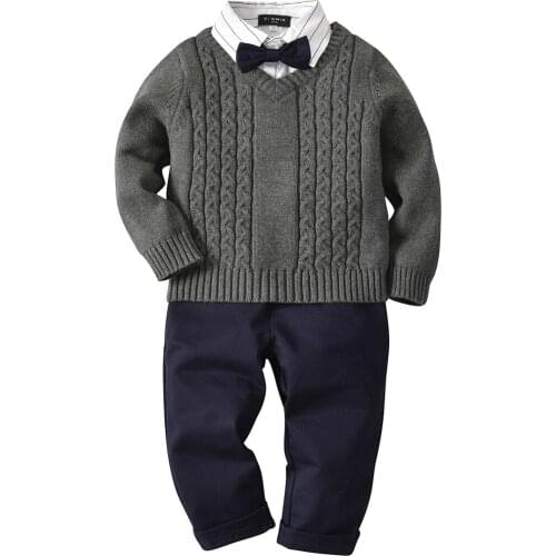Oklady 2019 4pcs Boys Clothes Set Fashion Kids Boy Gentleman Suit sweater+bow tie+shirt+Long Pants Set Outfit