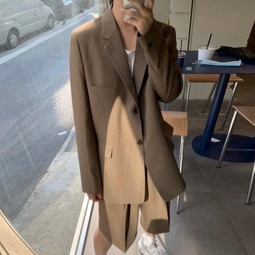 IEFB Mens Korean Streetwear Casual Back Elastic Suit Shorts + Long Lseeve Loose Blazers Two Pieces Set Loose Clothing 9Y6598
