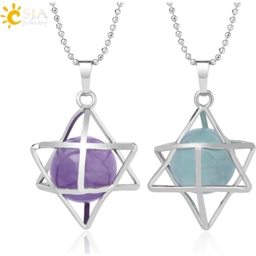 CSJA Natural Stone Hexagram Energy Pendants Necklace Religion Symbol Meditation Reiki Merkaba Pendant for Women Men Jewelry F876