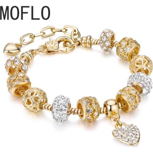 MOFLO 2020 Gold Plating Austrian Crystal Rhinestone Bangles Beaded bracelets Star Love Heart Charm Bracelet New Fashion