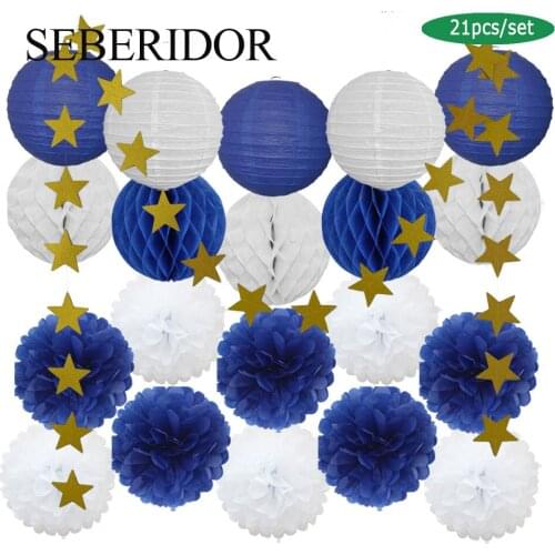 Navy Blue White Set Hanging Round Paper Lantern Honeycomb Tissue Pompom DIY For Boy Girl Baptism Birthday Wedding Party Decor