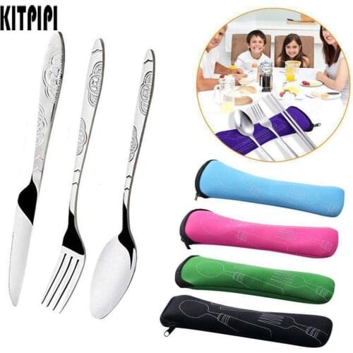 KITPIPI 3pcs/Set Dinnerware Portable Printed Steel Spoon Fork Steak Knife Set Travel Cutlery Tableware With Bag