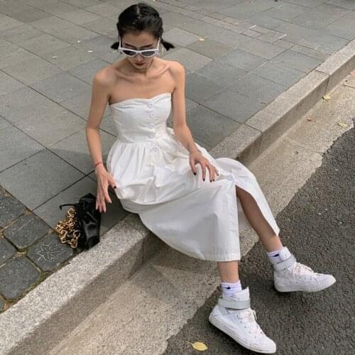 2021 New Summer Women White Dresses Slim Button Bandage High Waist Slash Neck Strapless Sexy Girls Dress Fashion Korean Vestido