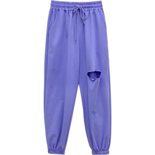 New Spring Autumn Womens Long Pants Casual Hole Female Underwear High Waist Tie Feet Trendy Lady Streetwear Summer Thin Pants