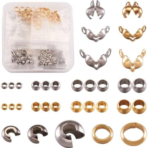 370pcs/box Stainless Steel Findings Kits Crimp Beads Covers Connector End Beads Tips For Ball Chain Jewelry Making Mixed Color