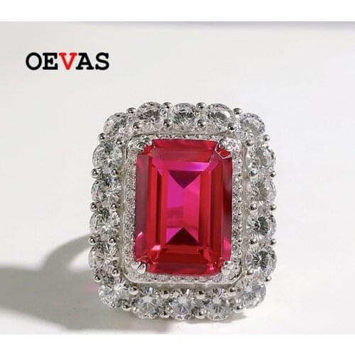 OEVAS 100% 925 Sterling Silver 10*14mm Ruby High Carbon Diamond Rings For Women Sparkling Wedding Party Fine Jewelry Wholesale