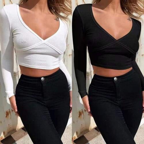 2021 autumn new European and American hot girls love sexy deep V low-cut long-sleeved slim top women casual temperament