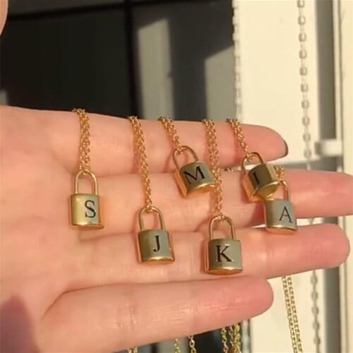 Stainless Steel O Chain A-Z 26 Initial Alphabet Gold Plated Personalised Lock Necklace Womens Birthday Gift Letter Necklace BFF