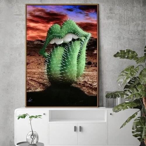 Desert Abstract Funny Green Cactus Tongue Posters and Prints Canvas Paintings Wall Art Pictures for Living Room Decor Cuadros
