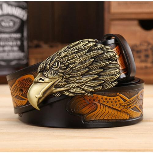 Genuine Cowhide Novelty Eagle Head Belt Mens Fashion Joker American Flageagle Embossed Belts Leather Vintage Craft Jeans Belt