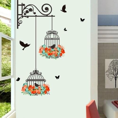 Romantic Flying Black Bird birdcage Wall Sticker Decals Flower Home Decor PVC Mural Decal Mural Living Room Bedroom Decor