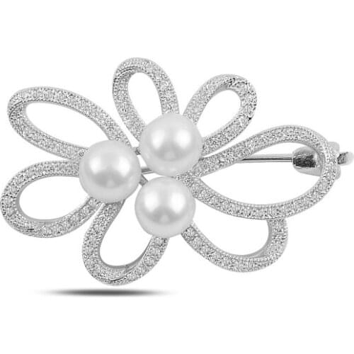Silverlina Silver Pearl & Zircon Crystal Brooch