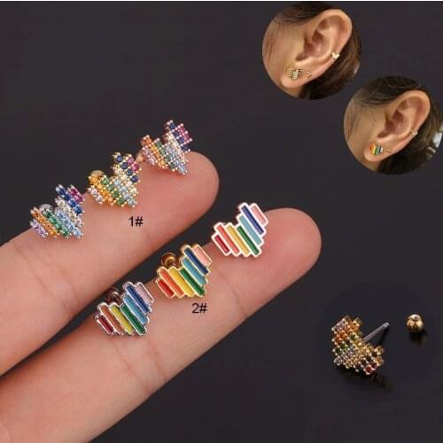 1PC Multicolor Heart Cartilage Stud Earrings Barbell Labret Helix Tragus Rook Conch Korean Style Screw Back Ear Piercing Jewelry