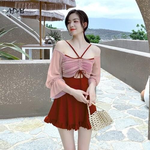 Korean Style Long Sleeve Chiffon Swimsuit Dress One Piece Bathing Suit Womens Swimwear 2021 Cute Bust Drawstring Beach Wear