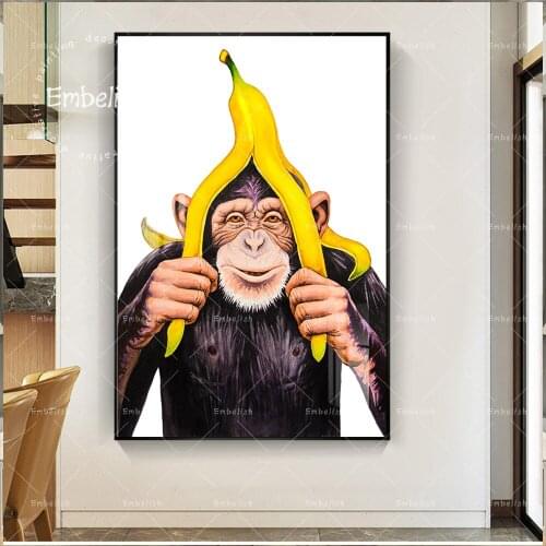 Embelish Large Size Chimpanzee With A Banana Cartoon Wall Pictures For Home Decor HD Canvas Painting For Living Room Posters