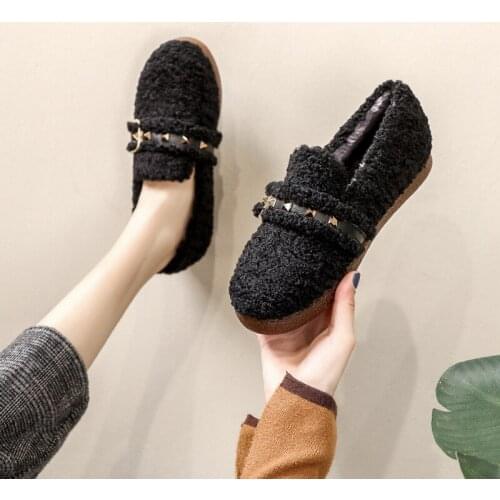 Spring Casual Peas Womens Shoes Velvet Faux Sheep Wool Female Loafers Flat Heels Slip-On Large Size 34--41Round Toe OULYYYOGO